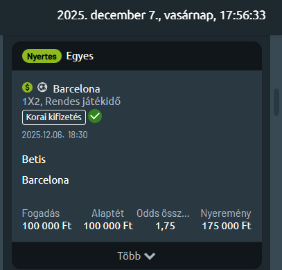 Betis – Barcelona, nyertes szelvény: 100 000 Ft tét, 1,75 odds, 175 000 Ft nyeremény