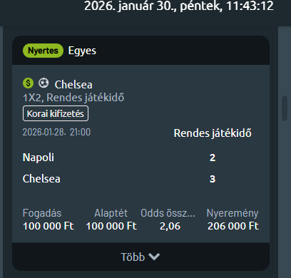 Napoli – Chelsea, nyertes szelvény: 100 000 Ft tét, 2,06 odds, 206 000 Ft nyeremény