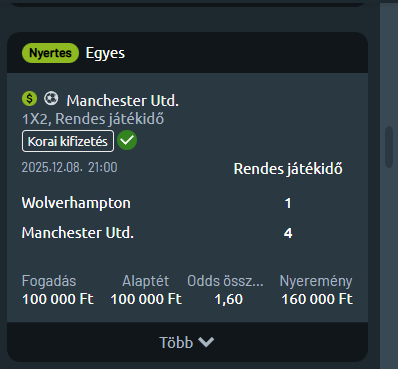 Wolverhampton – Manchester Utd, nyertes szelvény: 100 000 Ft tét, 1,60 odds, 160 000 Ft nyeremény
